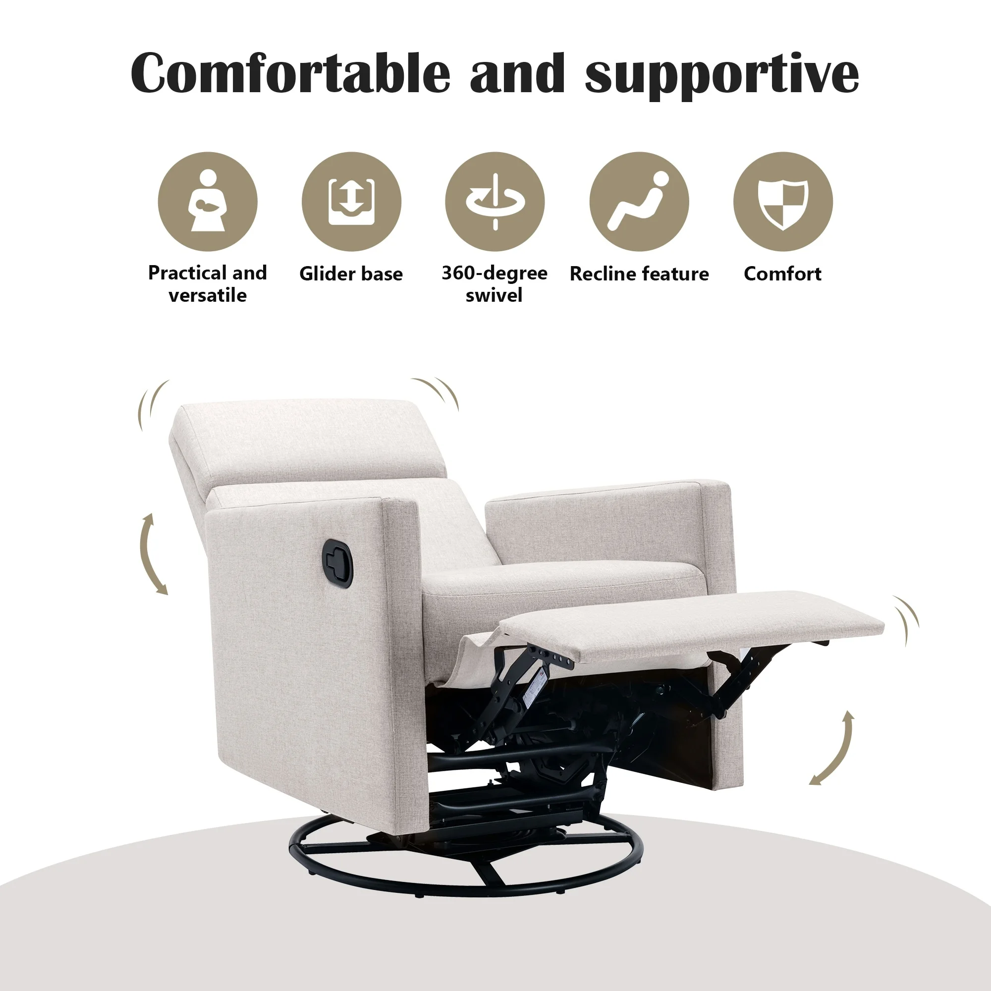 Upholstered Plush Seating 360 Glider Swivel Base Recliner Chair, Power Recliner w/ Silent Built, Glider Chair for Nursery Tan