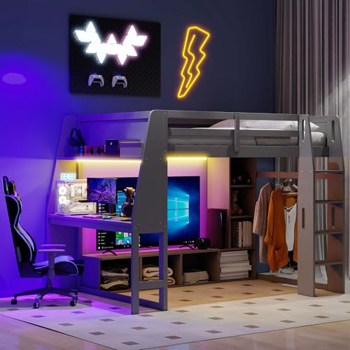 SOFTSEA Twin Gaming Loft Bed with Desk & LED Lights, Solid Wood Loft Bed with Storage Wardrobe and Shelves for Kids Teens