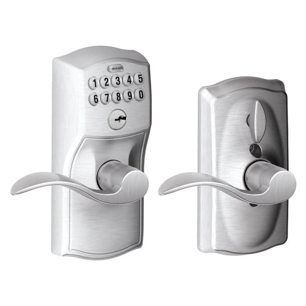 Schlage FE595 CAM/ACC Camelot Keypad Flex-Lock Entry Leverset with Accent Lever Satin Chrome