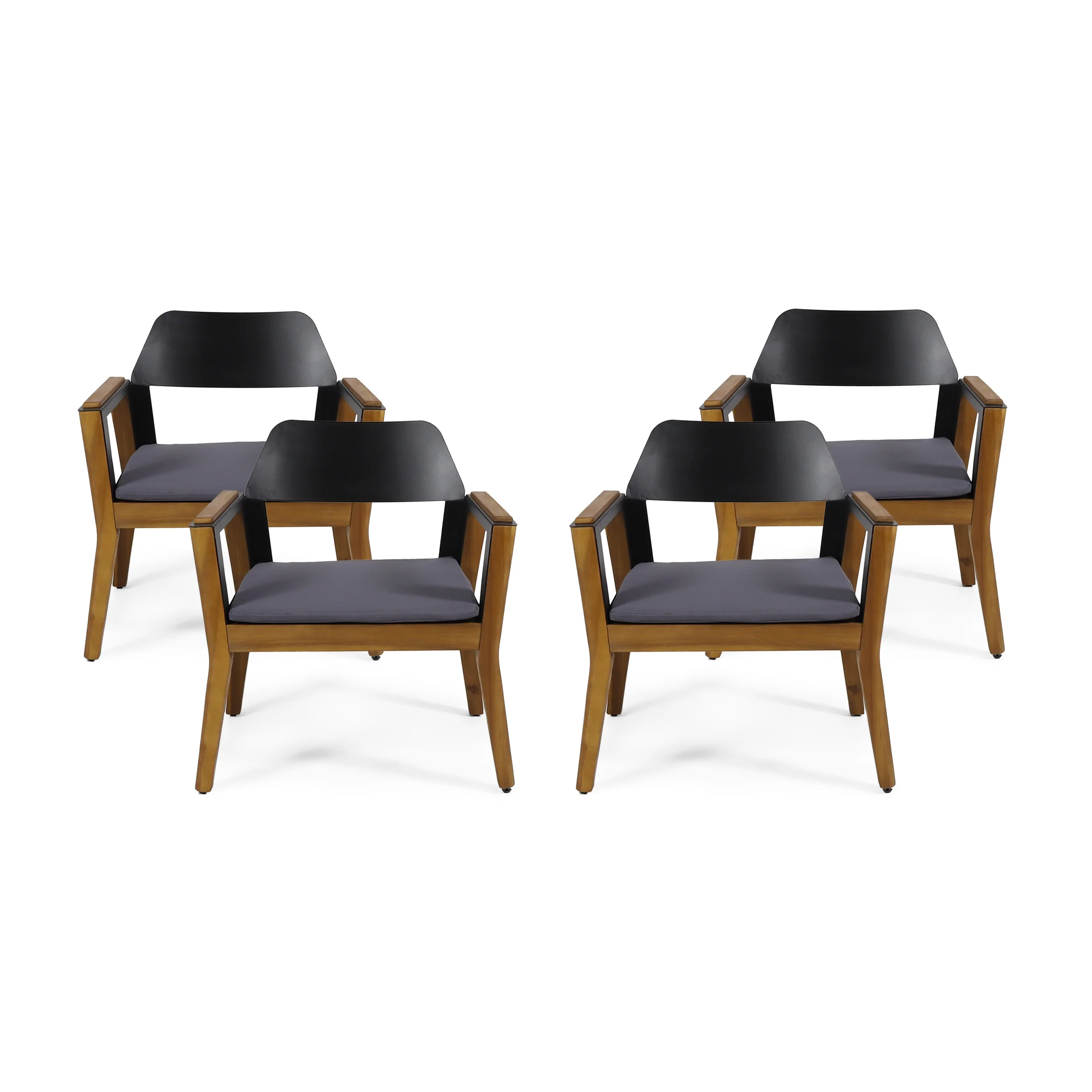 GDF Studio Osean Outdoor Acacia Wood Club Chairs with Cushion, Set of 4, Teak, Black, and Dark Gray