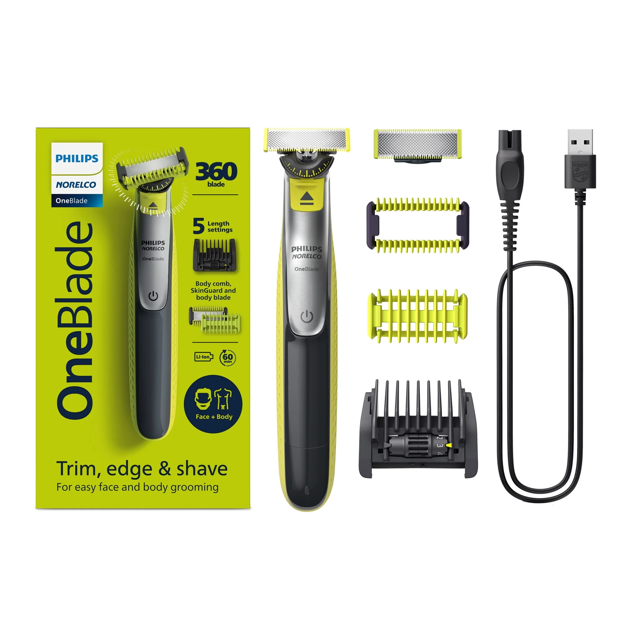 Philips Norelco Oneblade 360 Face + Body, Hybrid Electric Razor and Beard Trimmer For Men with 5-In-1 Face Stubble Comb and Body Hair Trimmer Kit