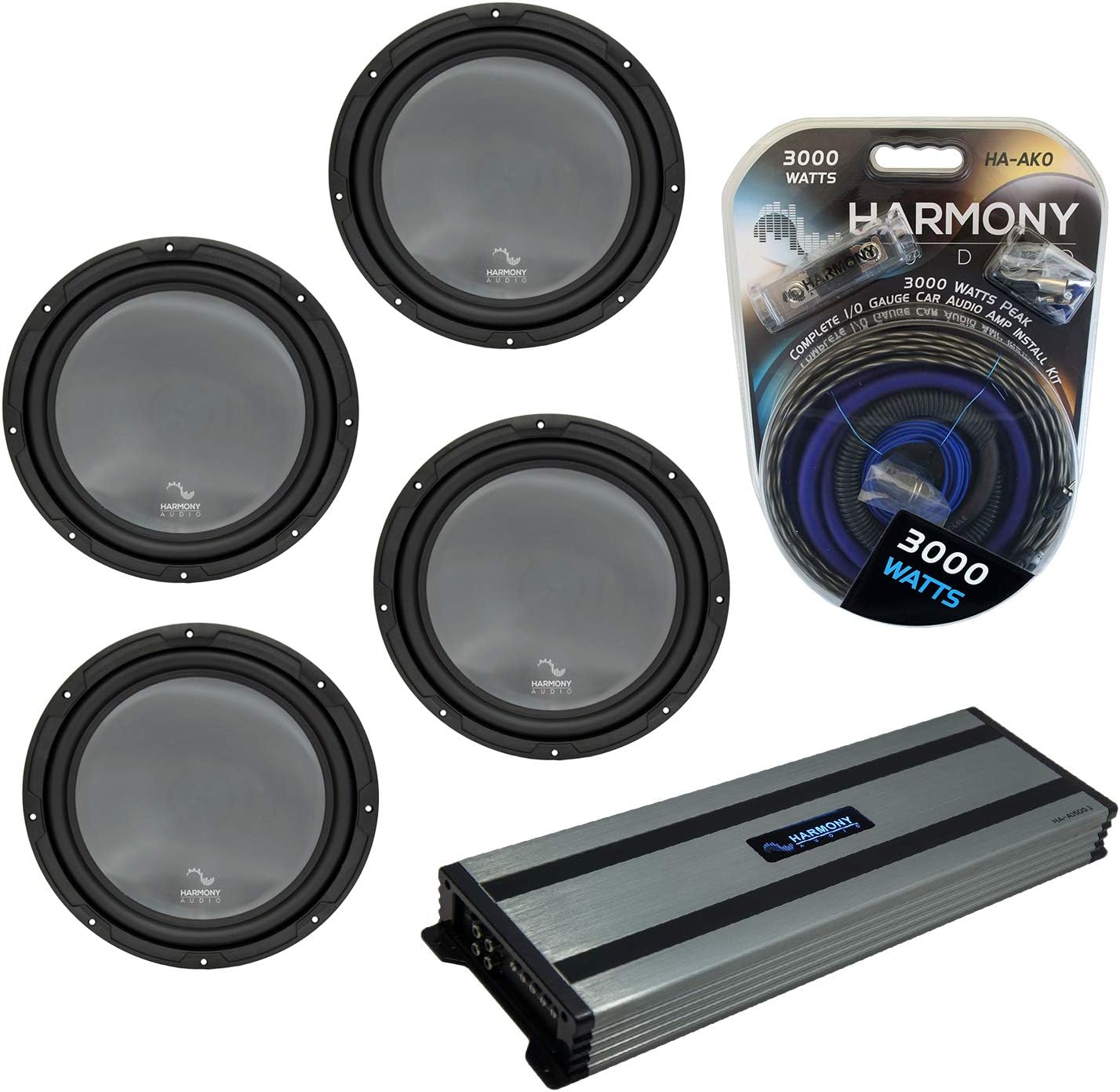 Harmony Audio (4) HA-R154 Car Stereo Rhythm Series 15 Sub 900W Subwoofer Bundle with HA-A1500.1 Amplifier & Amp Kit