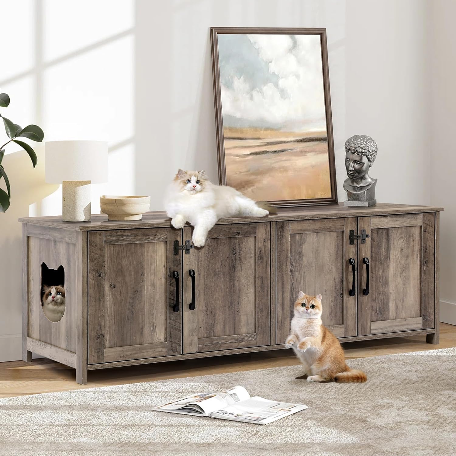 TITIMO Cat Litter Box Enclosure for 2 Cats - Litter Box Furniture Hidden with Lockable Door,Wooden Cat Washroom Furniture with Double Room,Cat House