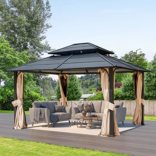EROMMY 12'x20' Hardtop Gazebo Double Roof Galvanized Steel Canopy Outdoor Aluminum Frame Permanent Metal Pavilion with Netting and Curtains for Patio