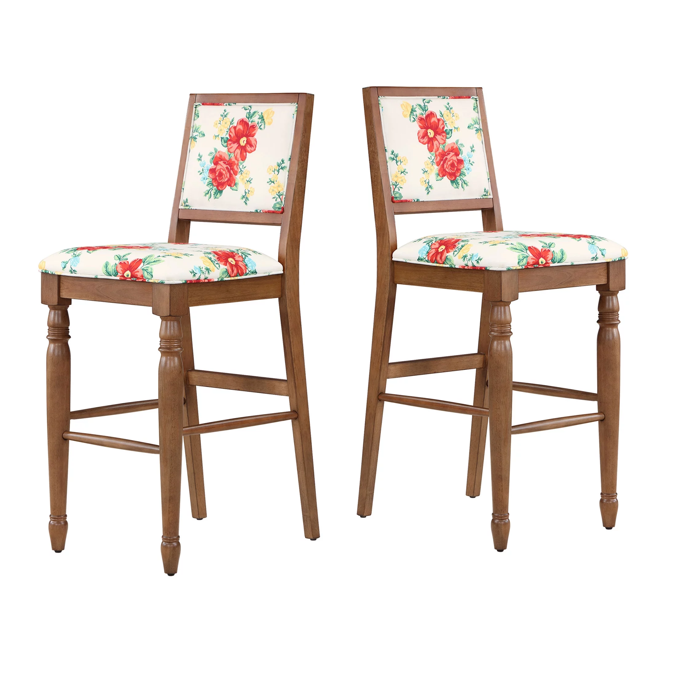 The Pioneer Woman Vintage Floral Bar Stools Made With Solid Wood Frame, Set of 2