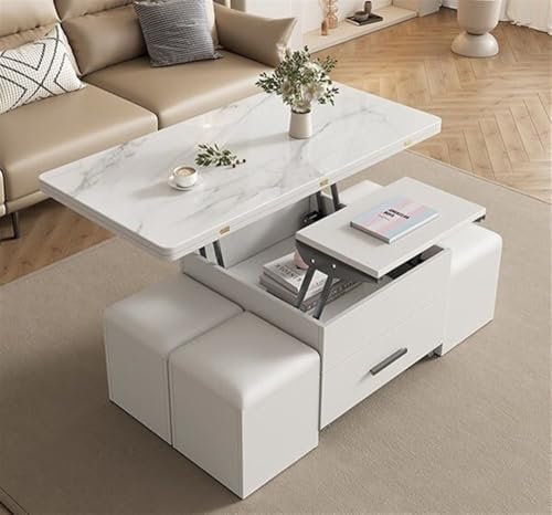 3 in 1 Expandable Wood Dining Table with 4 Storage Stools - Multi-Function Lift Top Coffee Table with Drawer for Living Room(White)