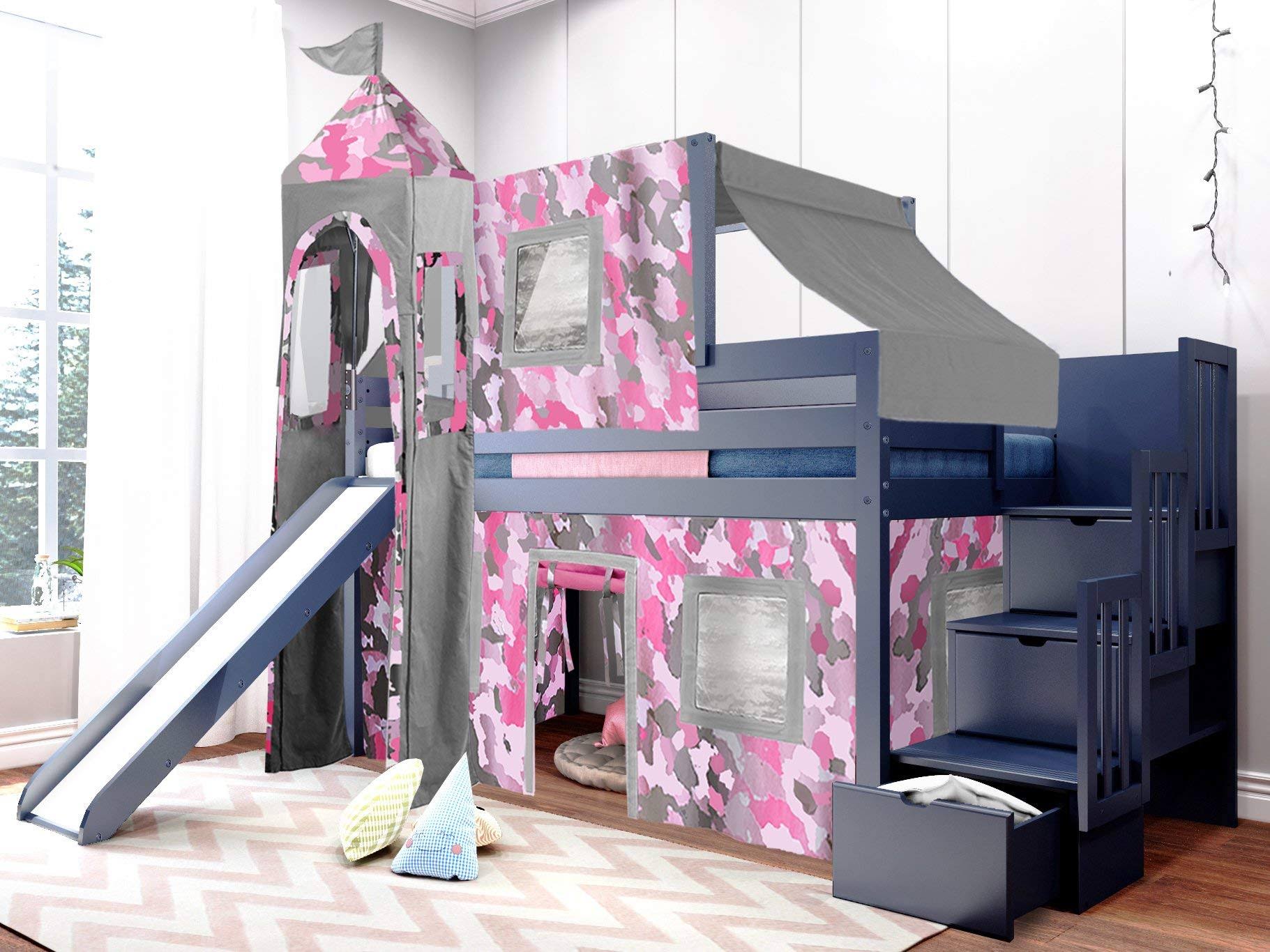 Jackpot! Princess Low Loft Twin Stairway Bed with Slide Pink Camo Tent and Tower, Blue