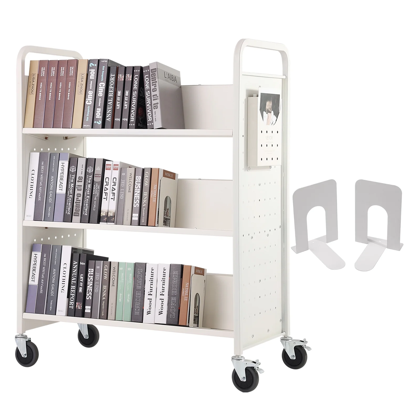 SKYSHALO Book Cart Library Cart 330 lbs Capacity with W-Shaped Shelves in White - Curated Treasures Market
