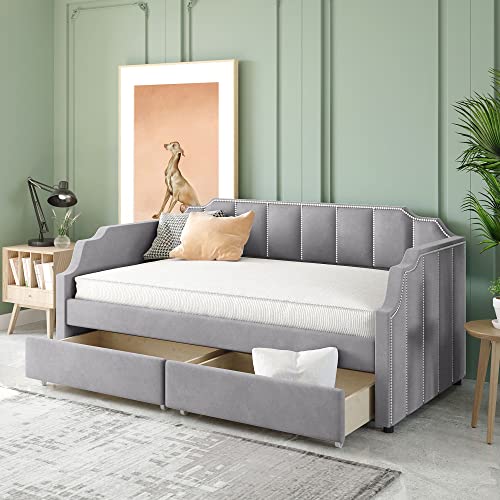 Twin Daybed with Storage - Upholstered Daybed with 2 Drawers and Arched Frame Design, Velvet Daybed with Horizontal Tufting and Nailhead Trim Detail