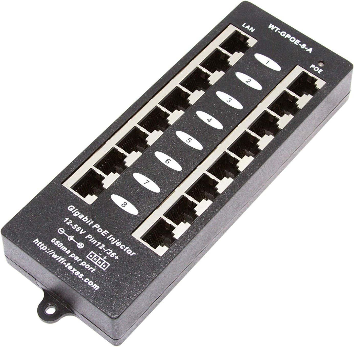 PoE Texas - 8 Port Gigabit Passive PoE Injector with 48V 120W UL Power Supply - Compatible with 802.3af Devices Like PoE Cameras, VoIP Phones