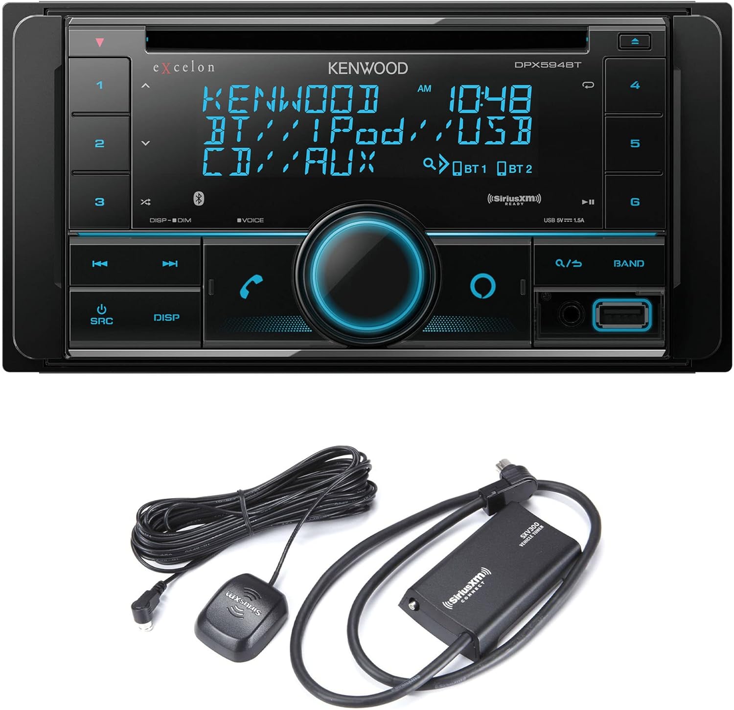 Kenwood Excelon DPX594BT Double DIN Bluetooth in-Dash Car Stereo CD Receiver with Amazon Alexa Compatibility | Plus SiriusXM SXV300v1 Connect Vehicle