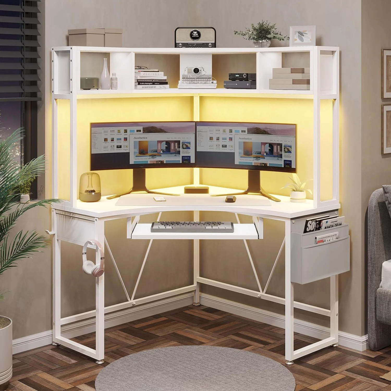 Corner Desk, Small Computer Desk with Hutch & LED Lights, Triangle Corner Computer Desk with Keyboard Tray, Storage Bag