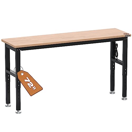 WORKPRO 48" Adjustable Workbench, Rubber Wood Top Heavy-Duty Workstation, 2000 LBS Load Capacity Hardwood Worktable with Power Outlets, for Workshop
