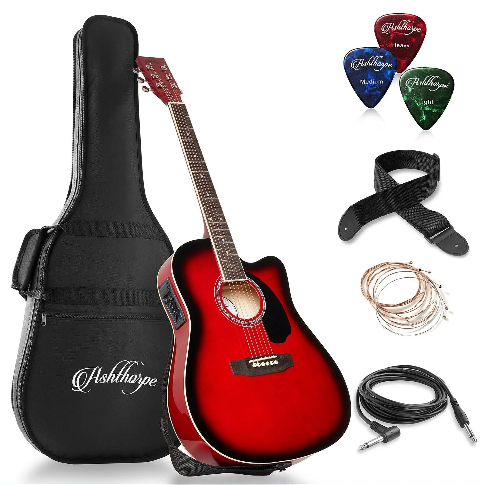 Ashthorpe Full-Size Cutaway Thinline Acoustic-Electric Guitar Package