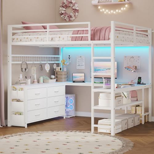 ADORNEVE Loft Bed Full Size with U-Shaped Desk, 6 Storage Drawers, Power Outlet, LED Metal Loft Bed with 2 Storage Shelves