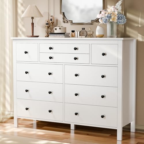 10 Drawer Large White Dresser for Bedroom, 47.2" Long Chest of Drawers with Deep Drawers, Modern Wooden Storage Dresser for Closet