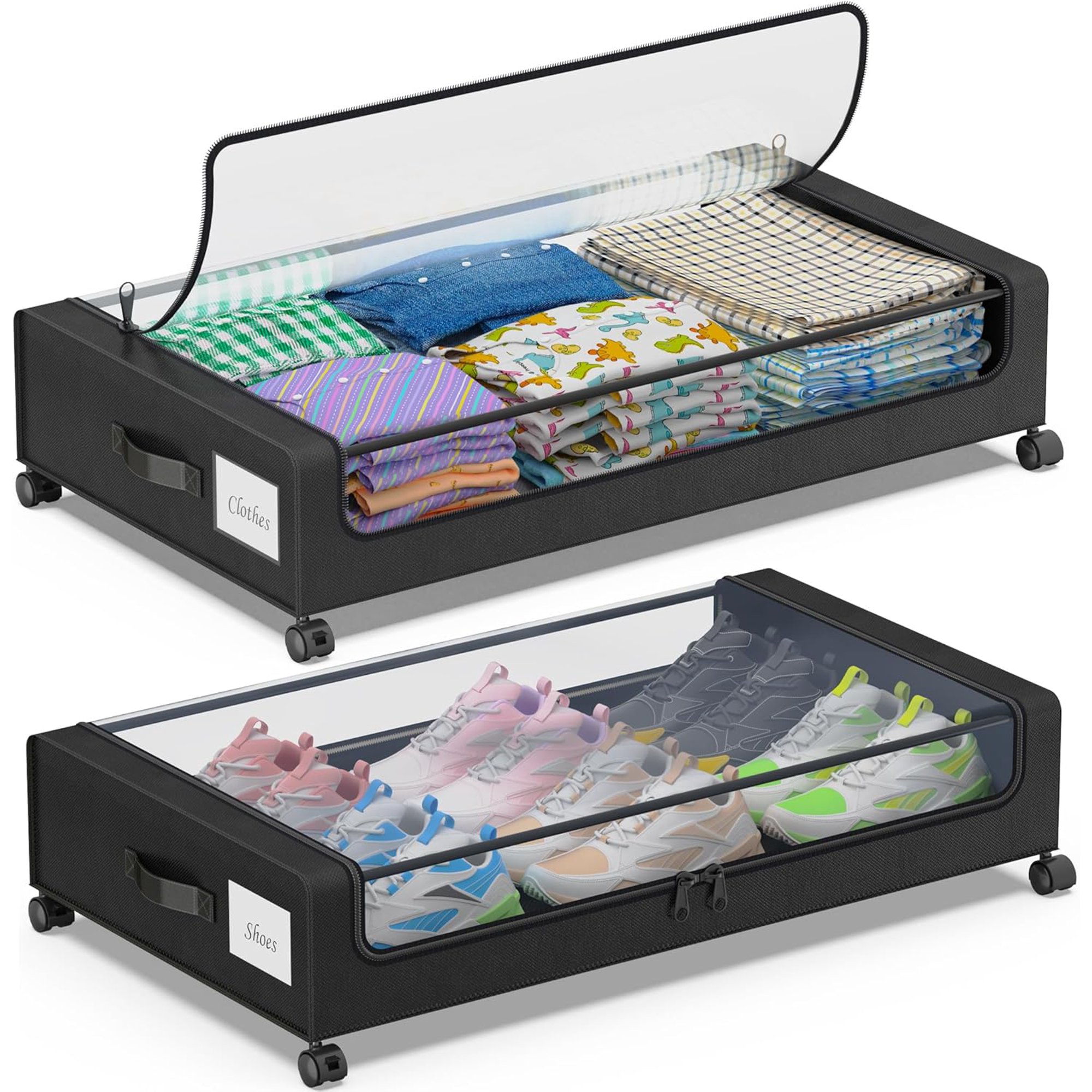 Under Bed Storage with Wheels, 2-Pack Under Bed Storage Containers with Clear Lids, XXL 60L Under the bed storage Organizer Bins