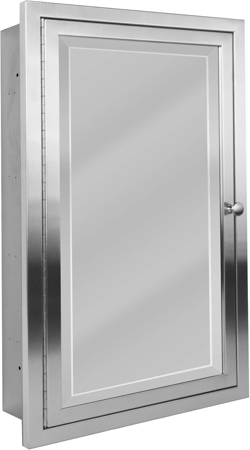 Head West Recessed Medicine Cabinet Mirror with Beveled Edge - Brushed Nickel Bathroom Mirror with Storage, Adjustable Shelves and Stainless Steel