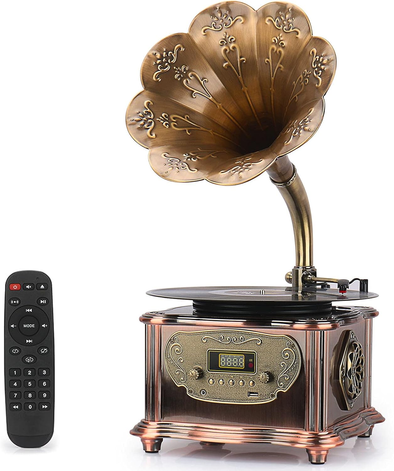 Phonograph Turntable Wireless Speaker, with Aux-in, FM Radio, USB Port for Flash Drive, Aluminum Gramophone Vintage Retro Style (Wood)