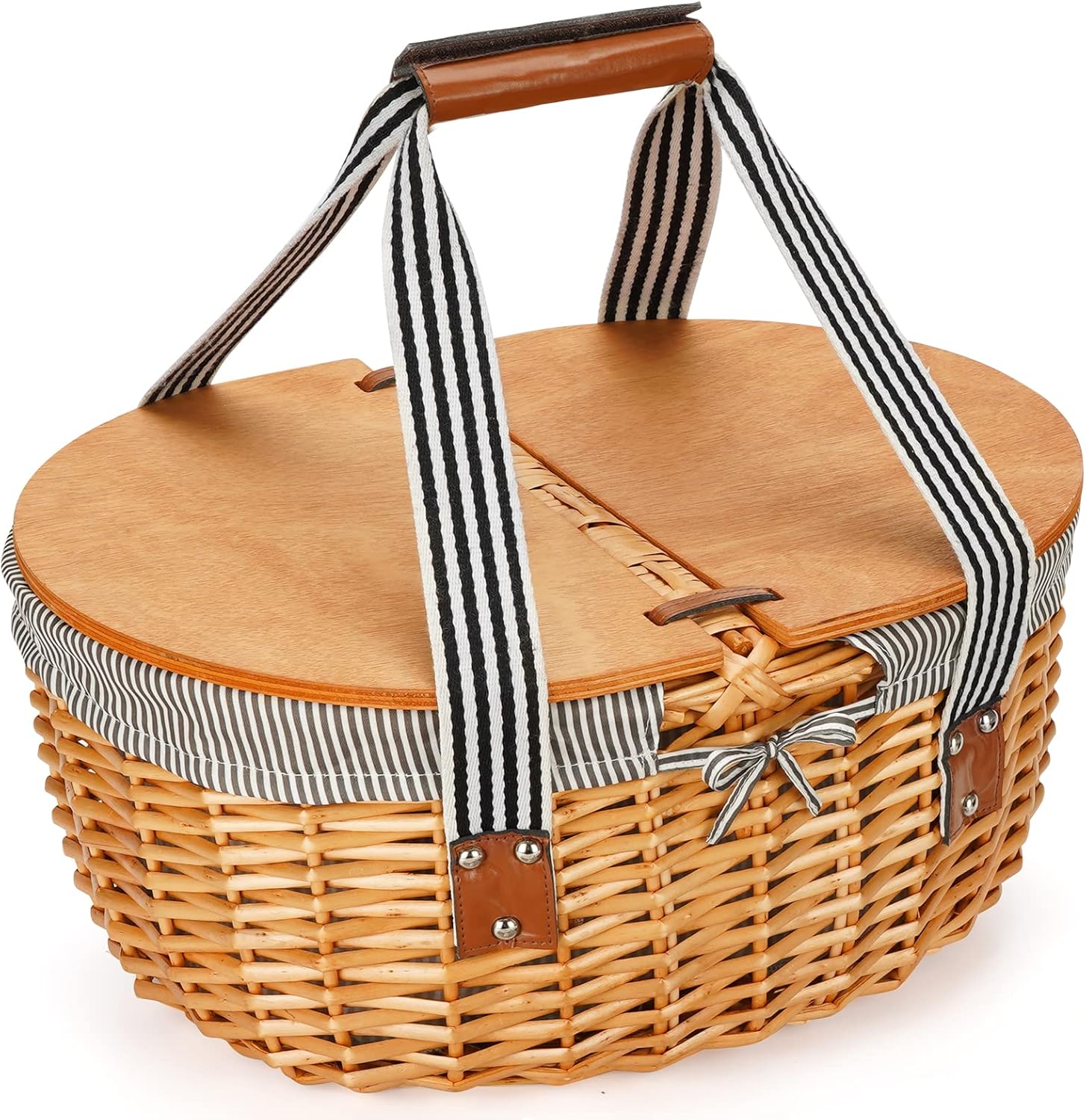 Wicker Picnic Basket Set for 2 with Double Wooden Lids & Handles, Country Style Picnic Hamper with Cutlery Service Kits - Flatware Set