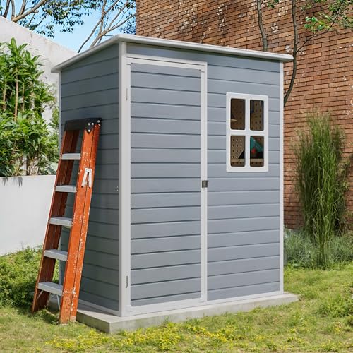 Gizoon 6x4 FT Outdoor Storage Shed with Floor, Resin Garden Tool Shed with Lockable Doors, Window, Vents, Reinforced Steel Frame