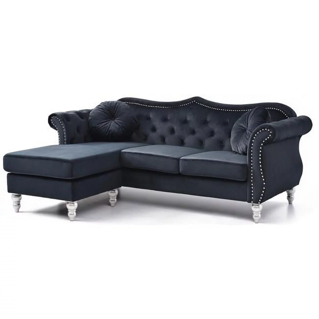 Passion Furniture Hollywood 81 in. Black Velvet Chesterfield Sectional Sofa with 2-Throw Pillow