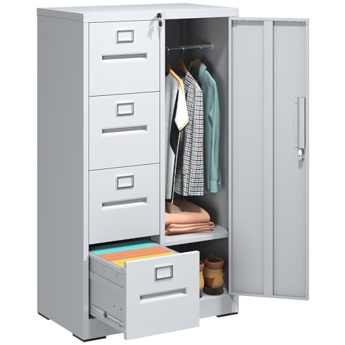 4 Drawer File Cabinet with Lock and 1 Door, Metal Vertical Filing Cabinets for Home Office, Steel Storage Cabinet for Hanging Legal/Letter Size Files