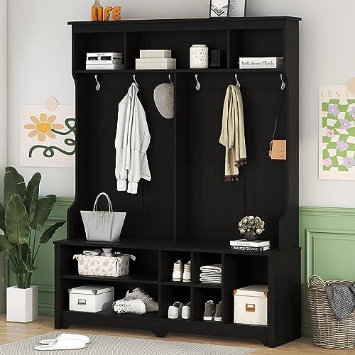 Hall Tree with Storage Bench, 3-in-1 Wooden 60 Inch Mudroom Bench