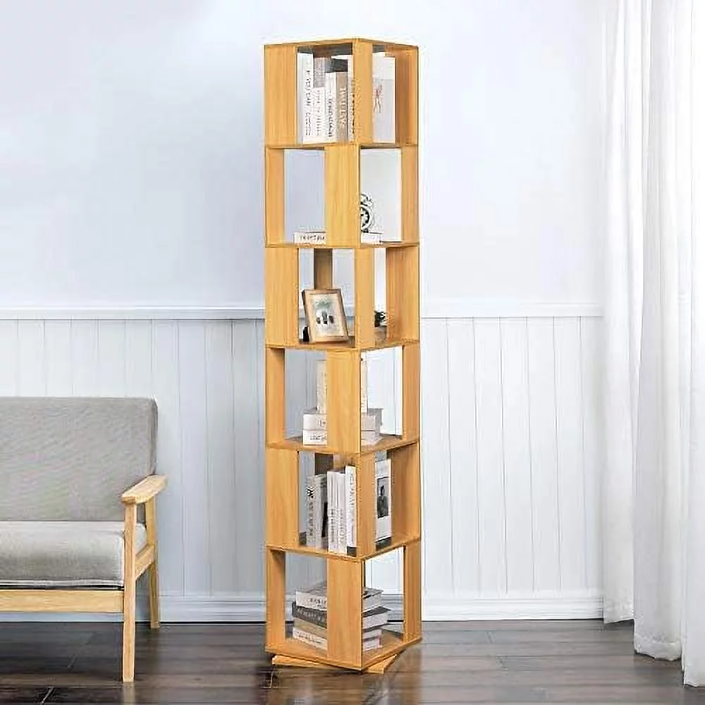 QIHANG- 6 Tier Wooden Bookcase Corner Tall Book  Modern ° Rotating  Display Rack Floor Standing Shelves with Open Design Shelving Unit for Home