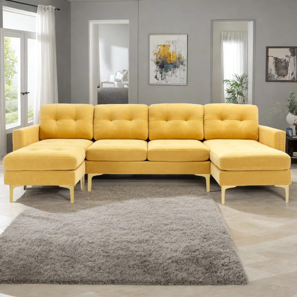 110" L-Shape Convertible Sectional Sofa Couch with Movable Ottoman for Living Room, Apartment, Office (Yellow)