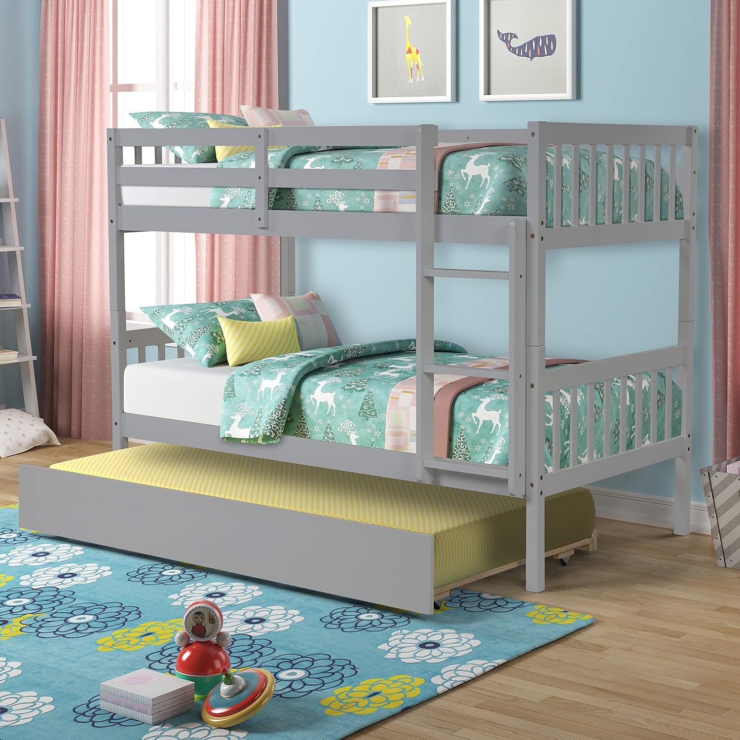 Twin Over Twin Bunk Bed with Trundle, Pine Wood Bunk Beds Twin Over Twin with Guardrail & Ladder, Can be Separated into 3 Twin Bed Frame