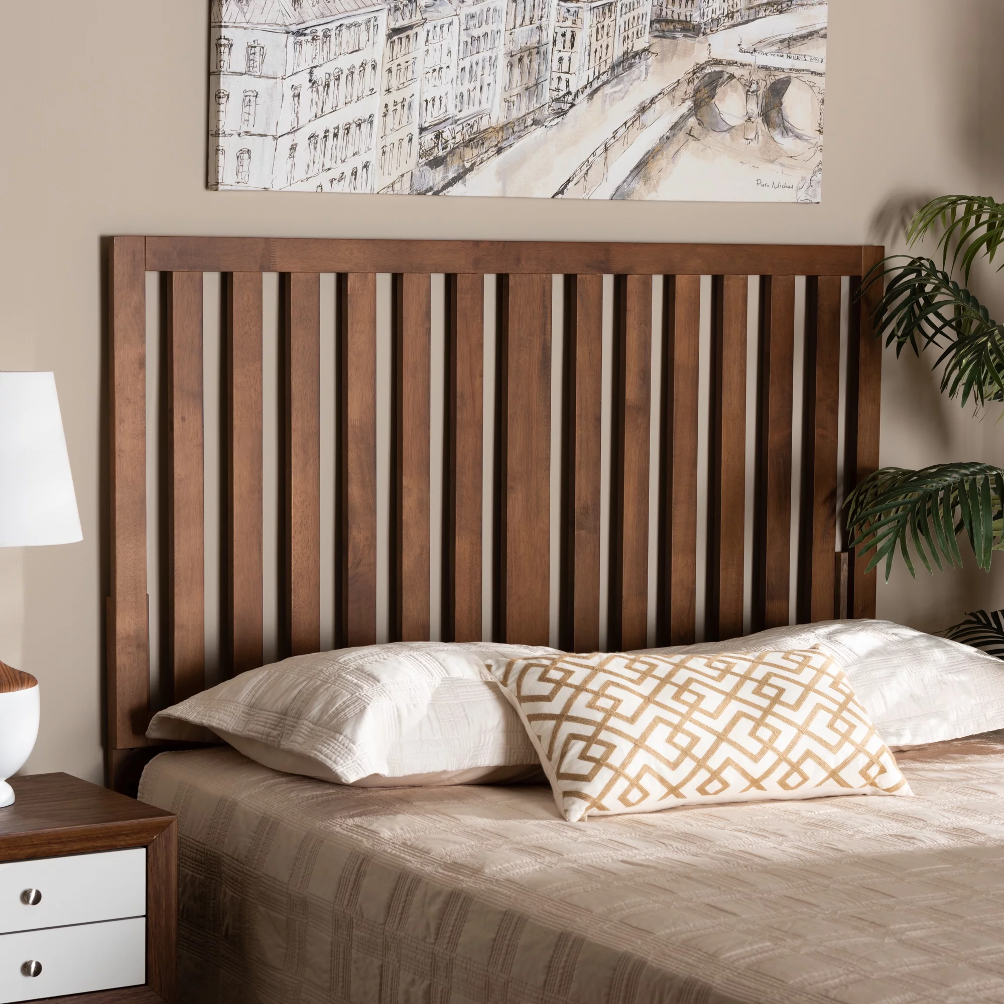 Baxton Studio Oren Contemporary/Modern Slat Back Support Engineered Wood Headboard, Queen, Ash Walnut