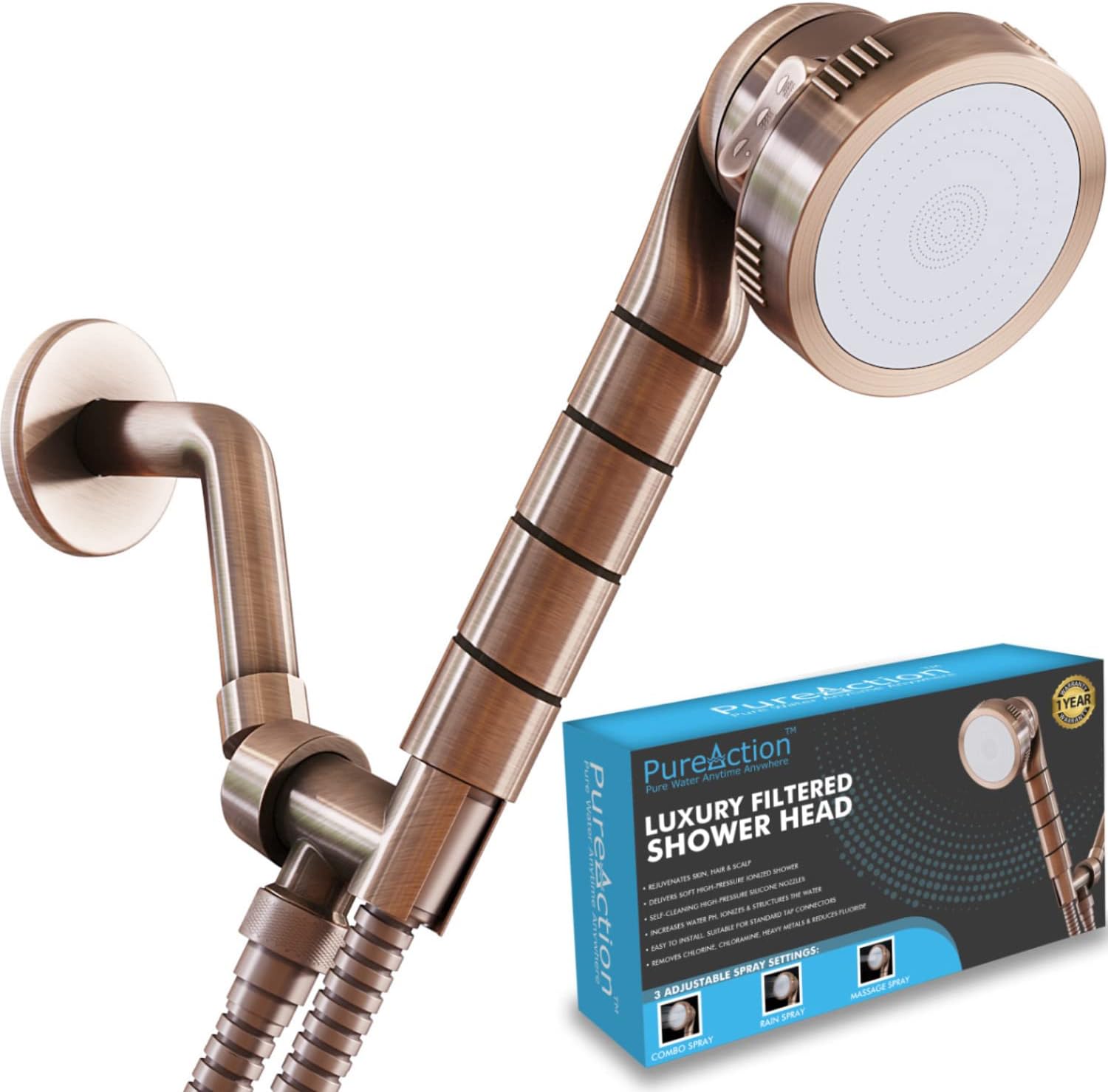PureAction Luxury Filtered Shower Head with Handheld Hose - Hard Water Softener High Pressure & Water Saving Showerhead Filter