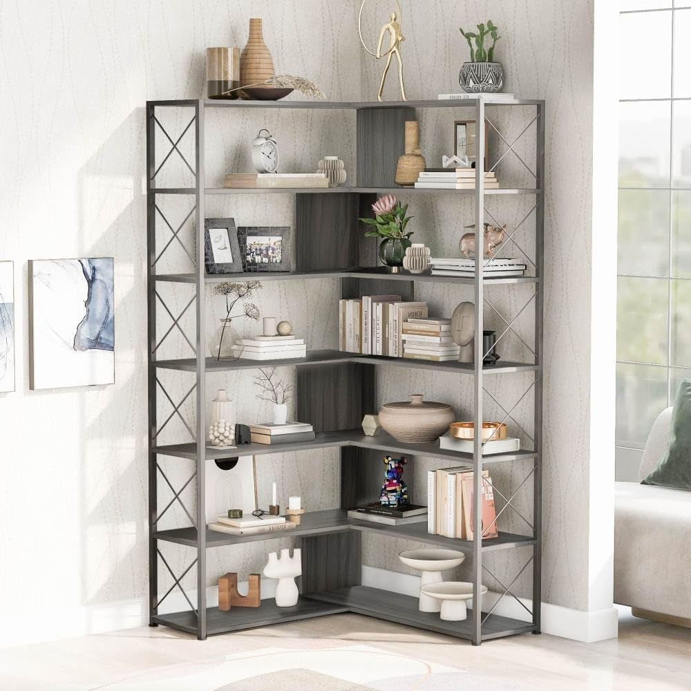 7-Tier L-Shaped Industrial Corner Bookcase Bookshelf Open Storage Silver MDF Natural Finish