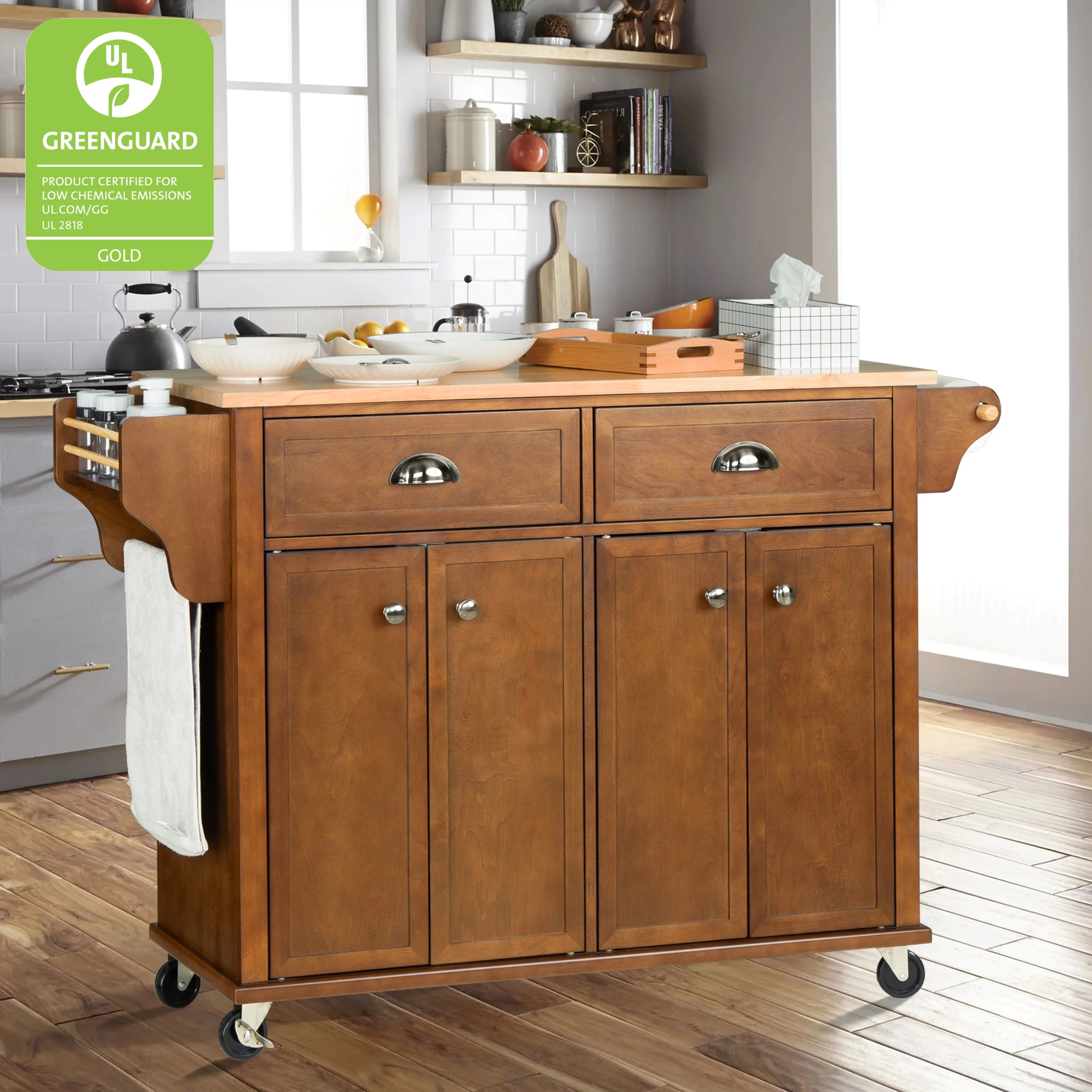 Rolling Kitchen Island Cart with Large Storage Cabinet on Wheels, Solid Rubberwood Countertop with Drop Leaf, Greenguard Gold Certified, 4-Droors