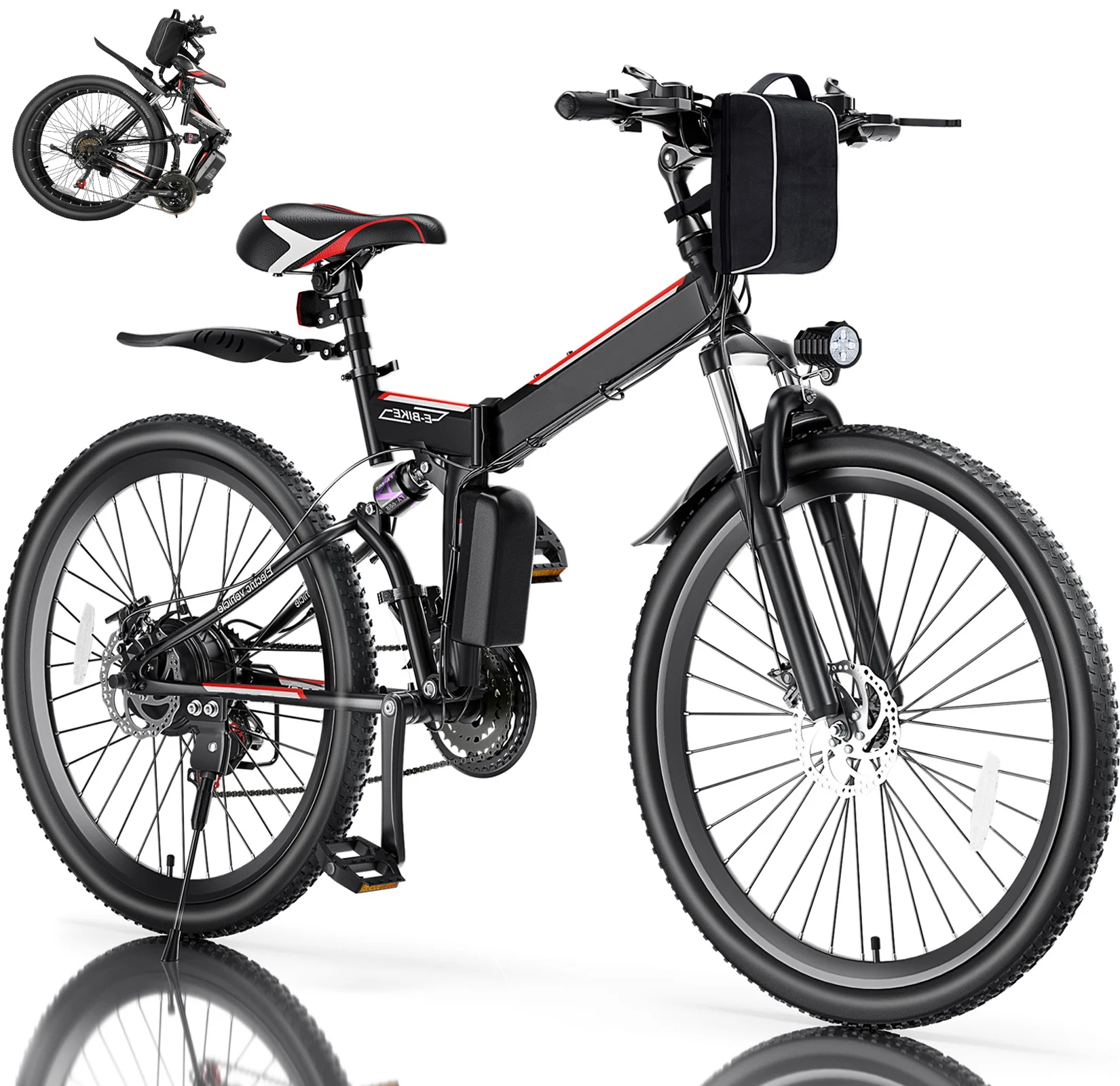 Elifine 500W 26" Electric Bike Folding Electric Mountain Bike for Adults, 48V 7.8Ah Battery Foldable Ebike, 21 Speed