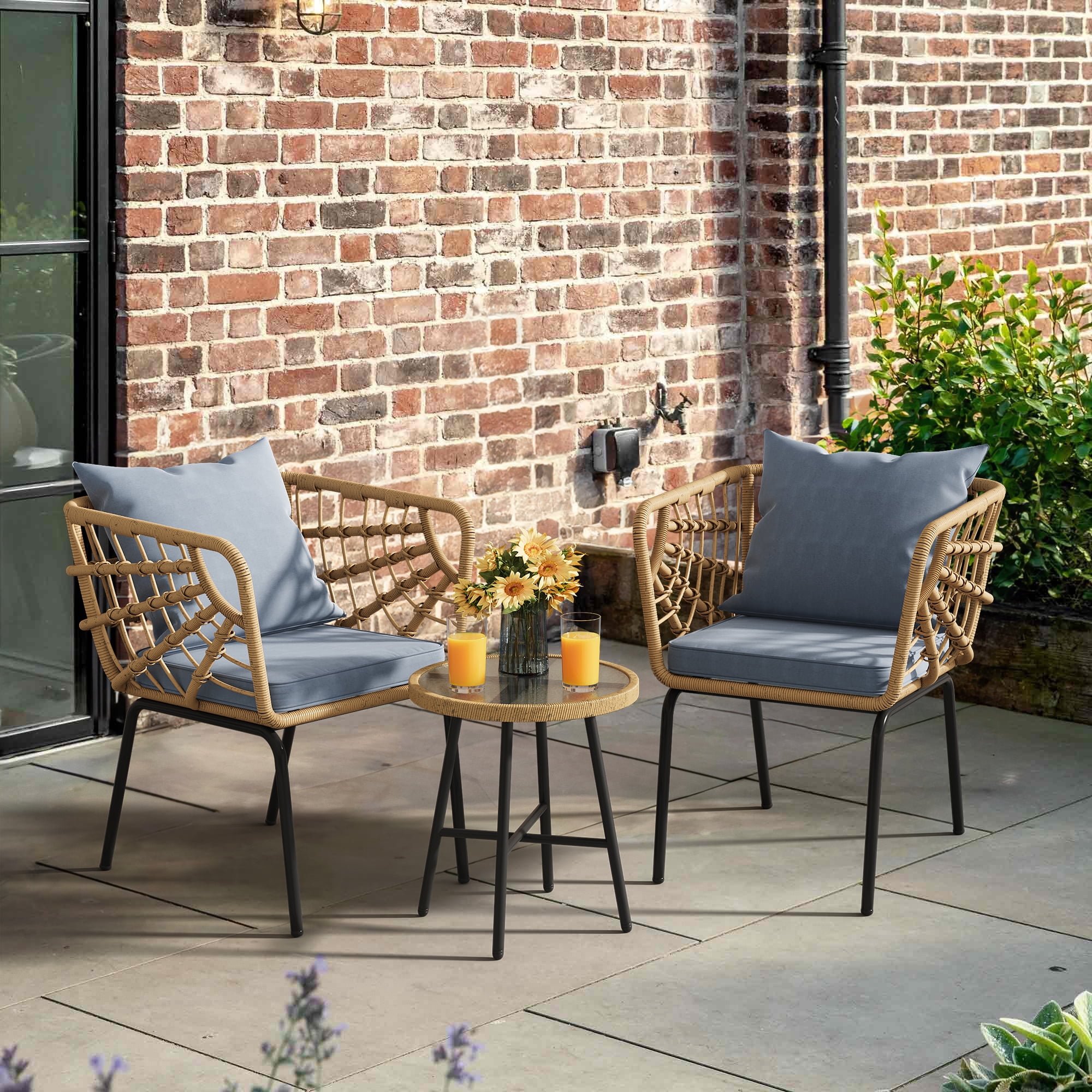 Dextrus 3-Piece Outdoor Patio Furniture Wicker Bistro Set, With 2 Chairs and Coffee Table,Cushions and Lumbar Pillows-Gray