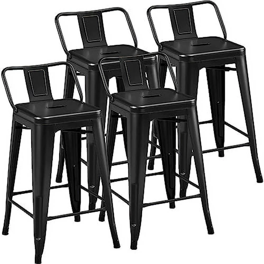NLTBONNIE 26 inch Metal  Stools Set of 4 Counter Height Barstools with Low Back Indoor Outdoor Kitchen Stools Modern Industrial  Chairs Matte Black