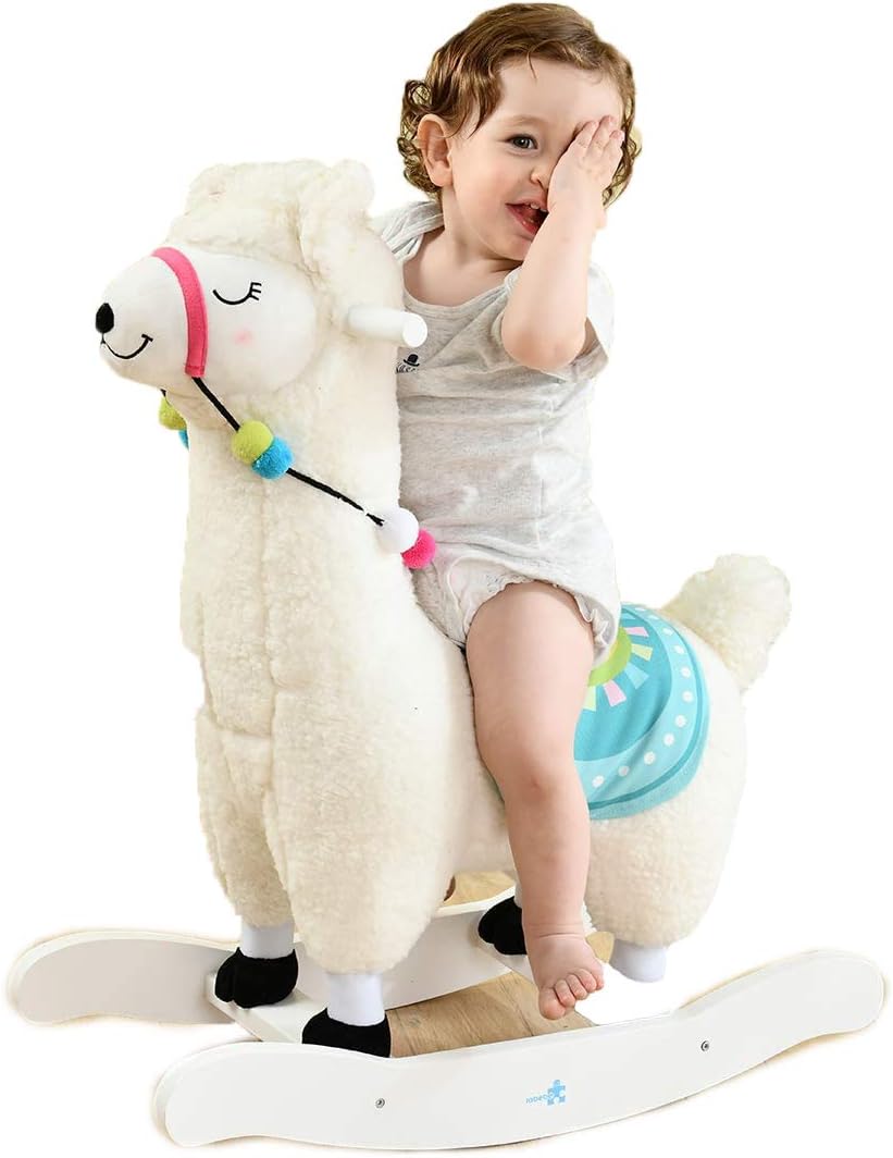 labebe Baby Rocking Horse - White Alpaca Baby Plush Rocker Toys, Plush Wooden Riding Horse for 1-3 Years Boy&Girl, Toddler Outdoor&Indooor Toy Rocker