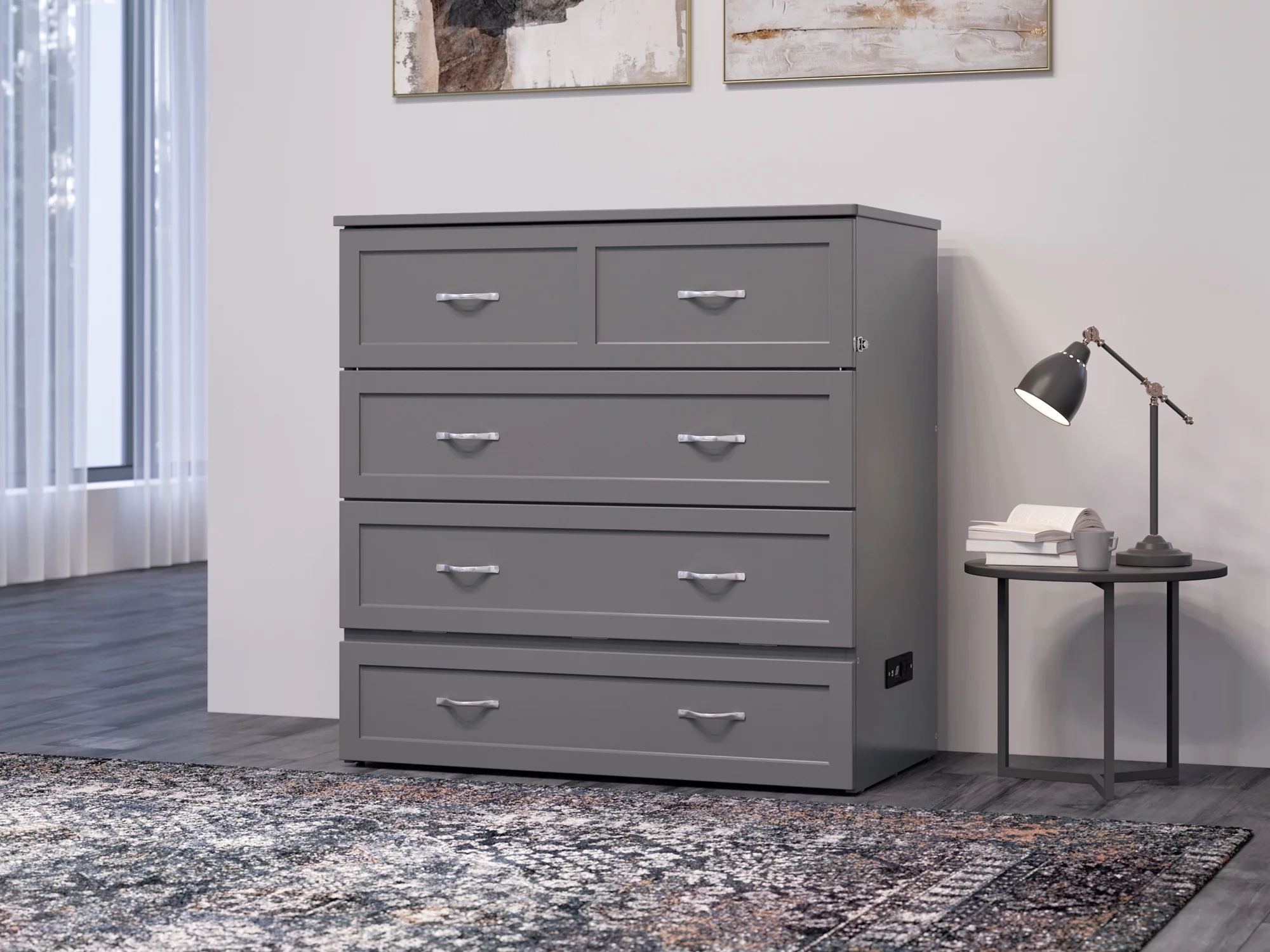 AFI Northfield Twin XL Solid Wood Murphy Bed Chest with Mattress, Drawer & Charger, Grey