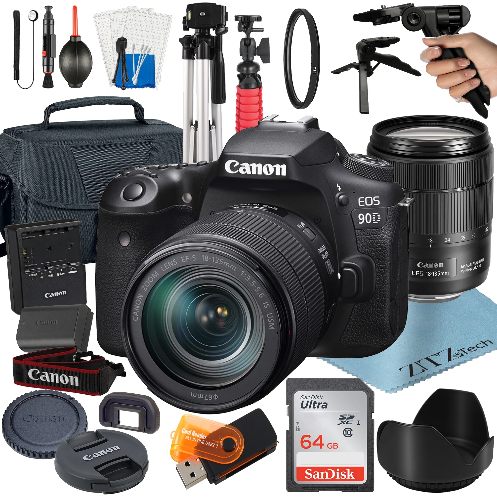 Canon EOS 90D DSLR Camera Bundle with 18-135mm Lens + 64GB SanDisk Card + Case + Tripod + ZeeTech Accessory - Curated Treasures Market