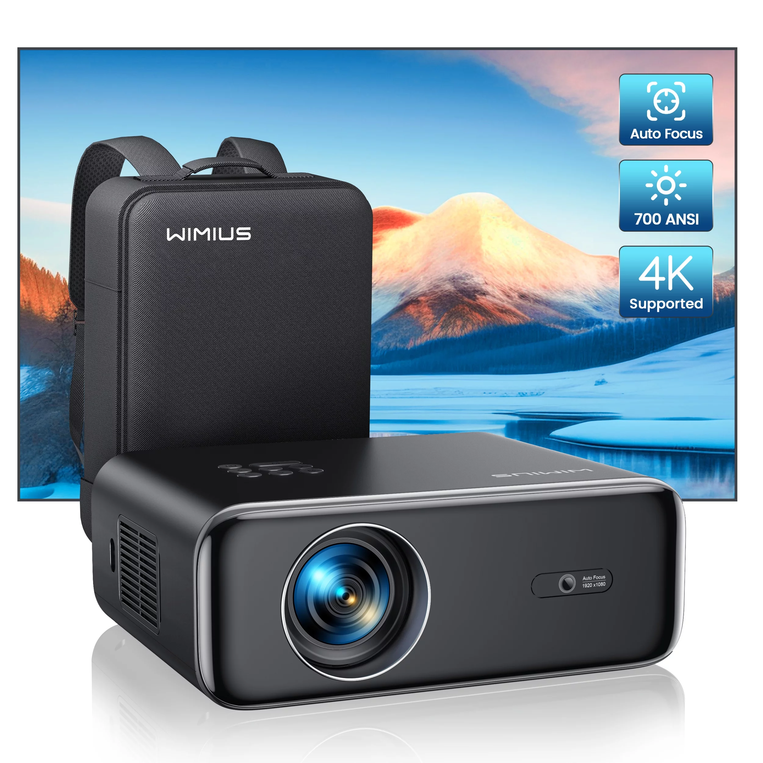 [Auto Focus] Wimius Projector, Native 1080P Projector with WiFi and Bluetooth, Smart Home Movie Projector 4K Support, 300 Large Screen