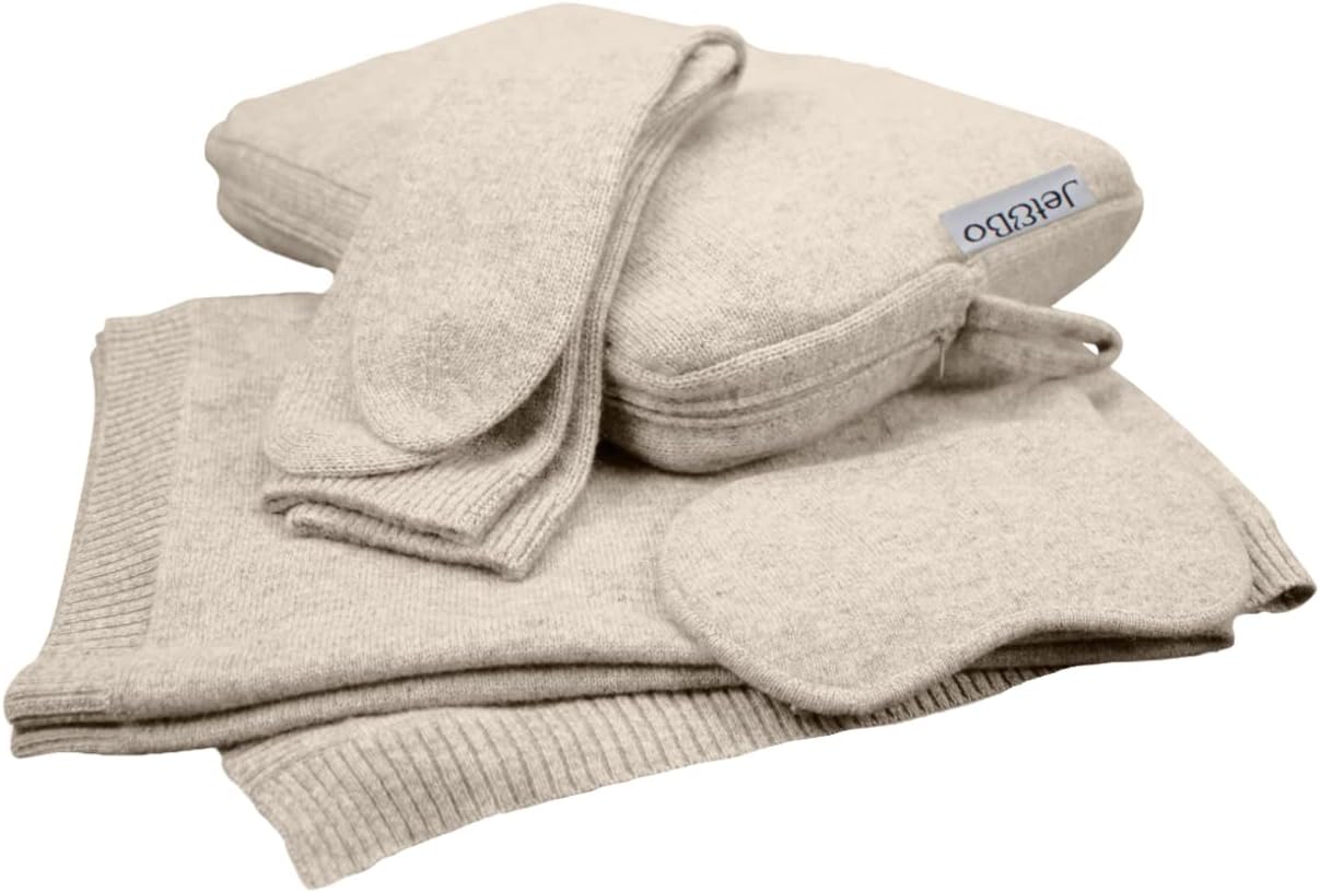 Jet&Bo 100% Pure Cashmere Travel Set: Blanket, Eye Mask, Socks, Carry/Pillow Case Natural