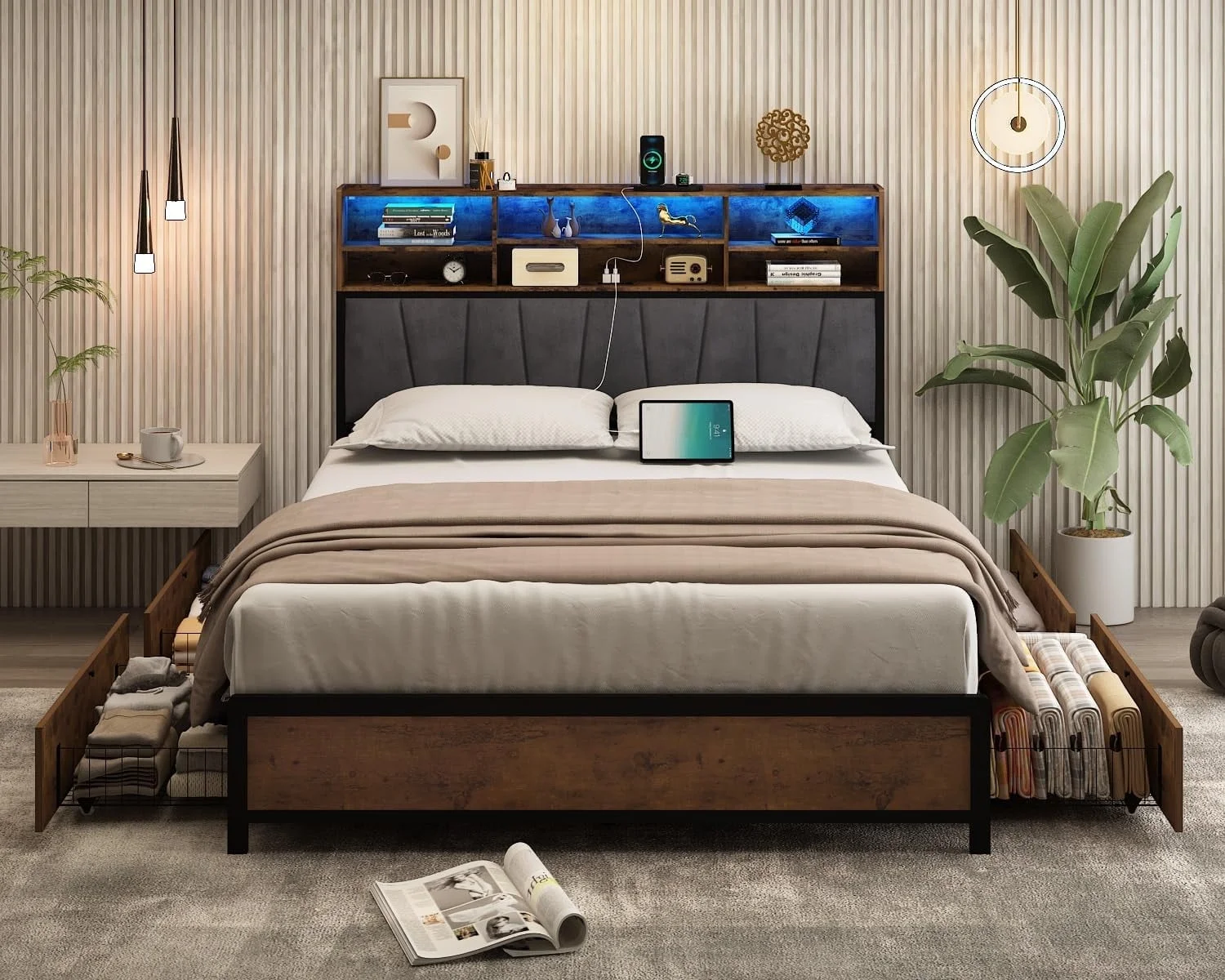 ANPOO LED Bed Frame Full Size with 4 Drawers & Charging Station, Metal Platform Bed Frame with Storage Headboard & Bookcase Storage