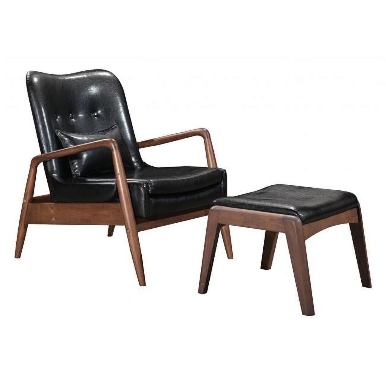 HomeRoots 394540 32.7 x 30.3 x 33.5 in. Walnut & Black Faux Leather Modern Retro Chair & Ottoman Set