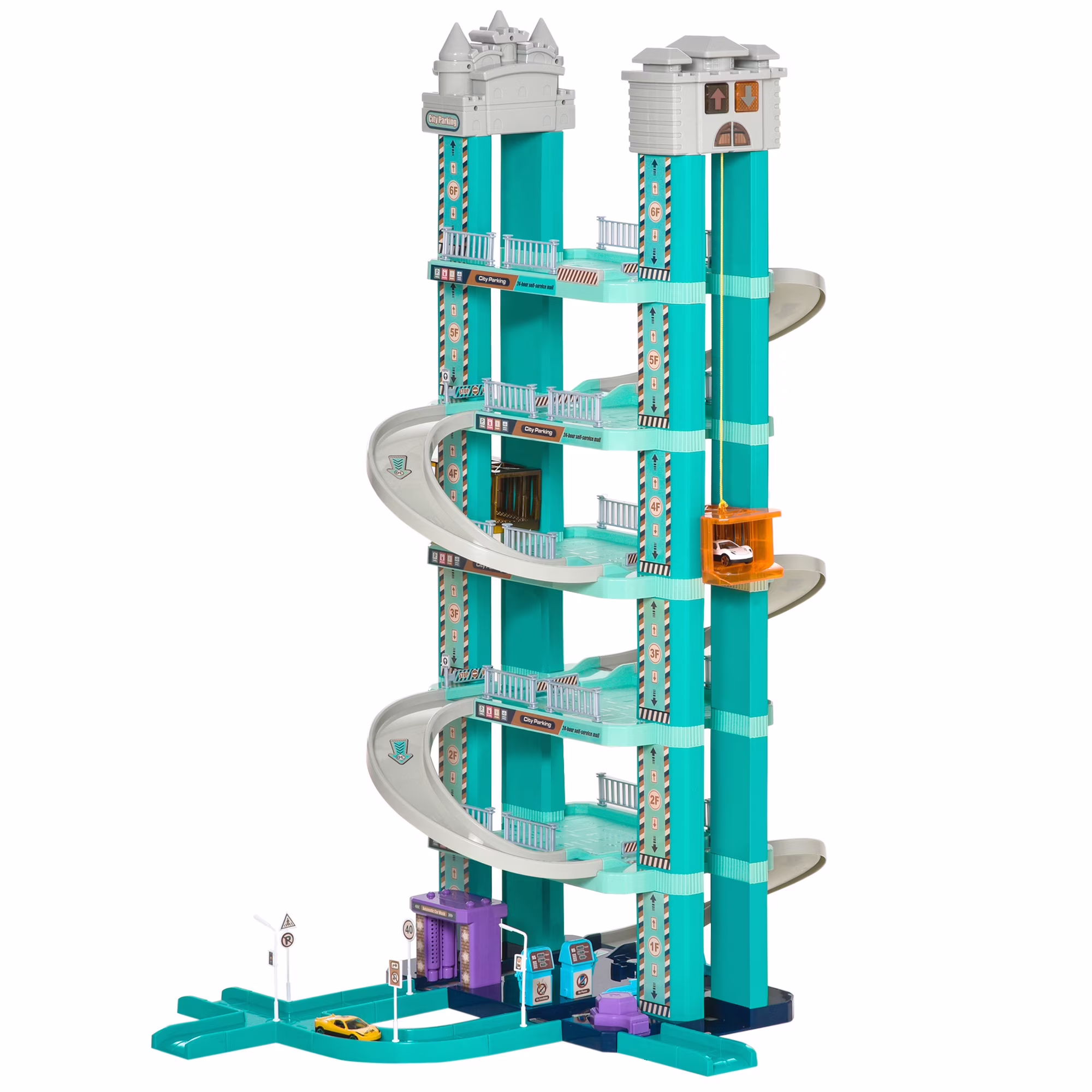 Qaba City Garage Playset with 98 Pieces Accessories Set, 6-Level Car Parking Playsets Toy with Manual and Electric Elevators Wash, Gas