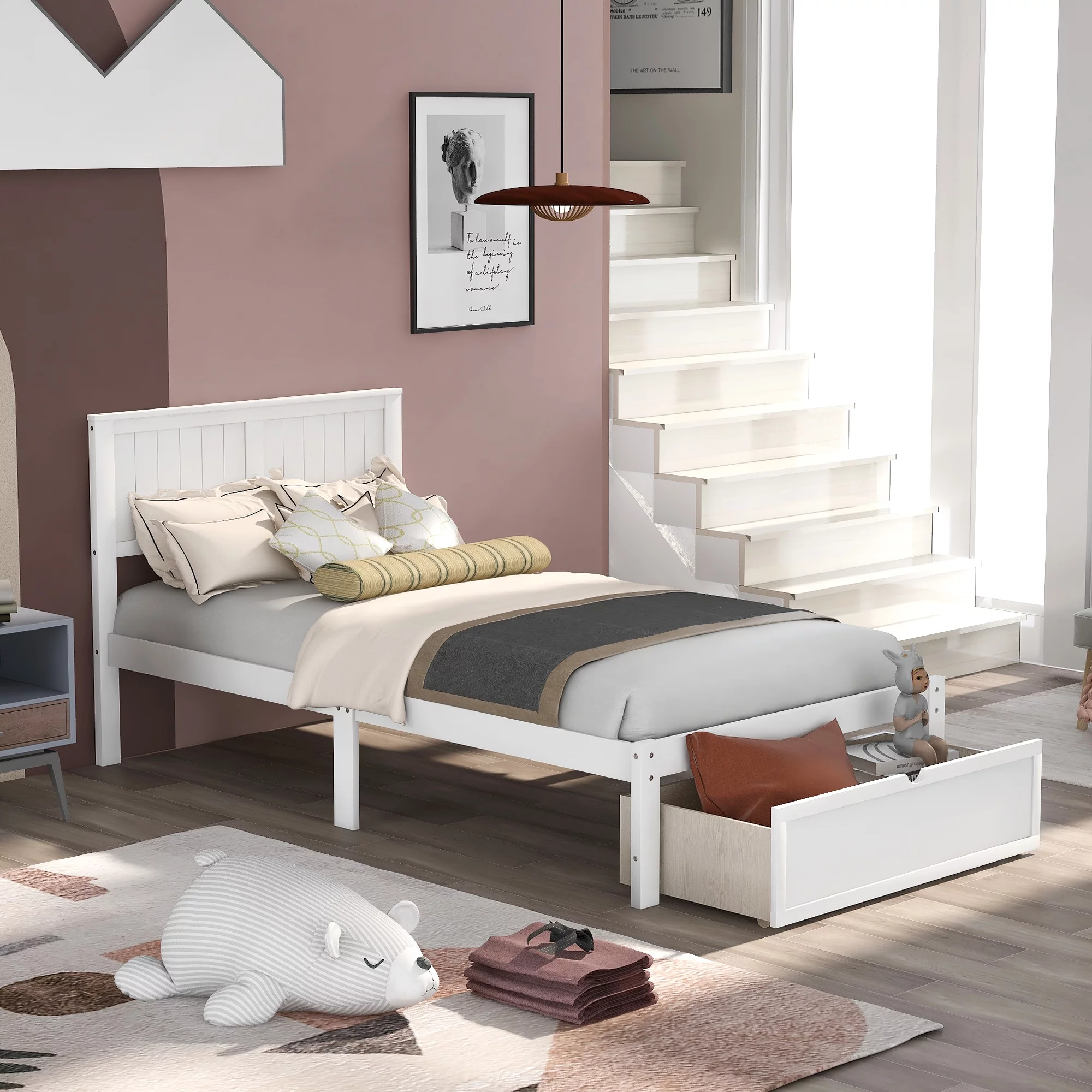 Twin Wood Platform Bed with Headboard & Big Storage Drawer for Kids, White