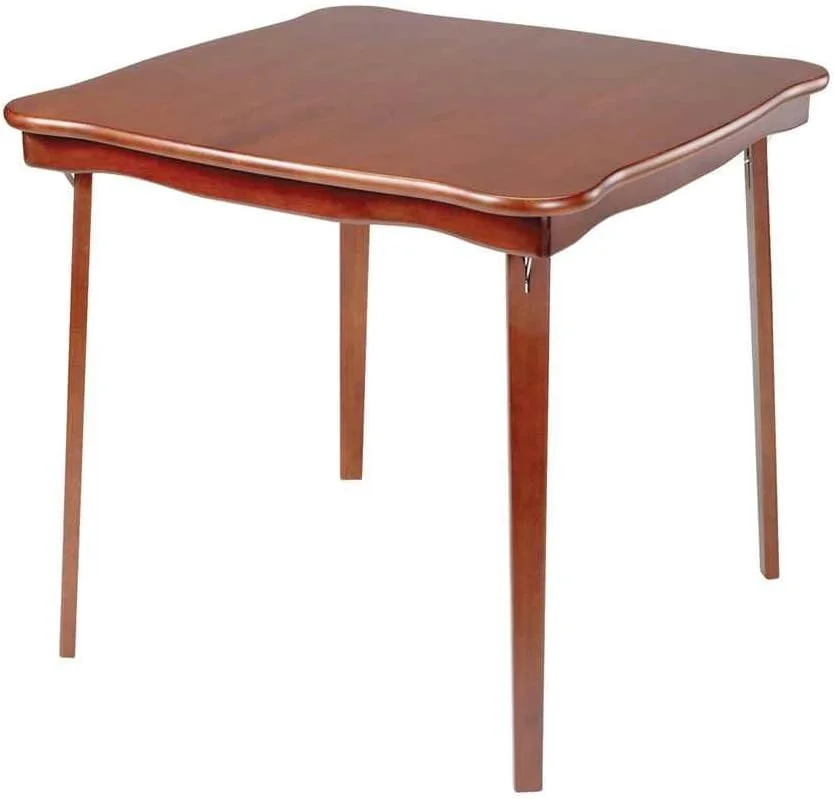 YGDU STAKMORE Scalloped Edge Folding Card Table Cherry Finish, 32 in x 32 in x 29.5 in STAKMORE School House Folding Chair, Wood, Cherry Finish