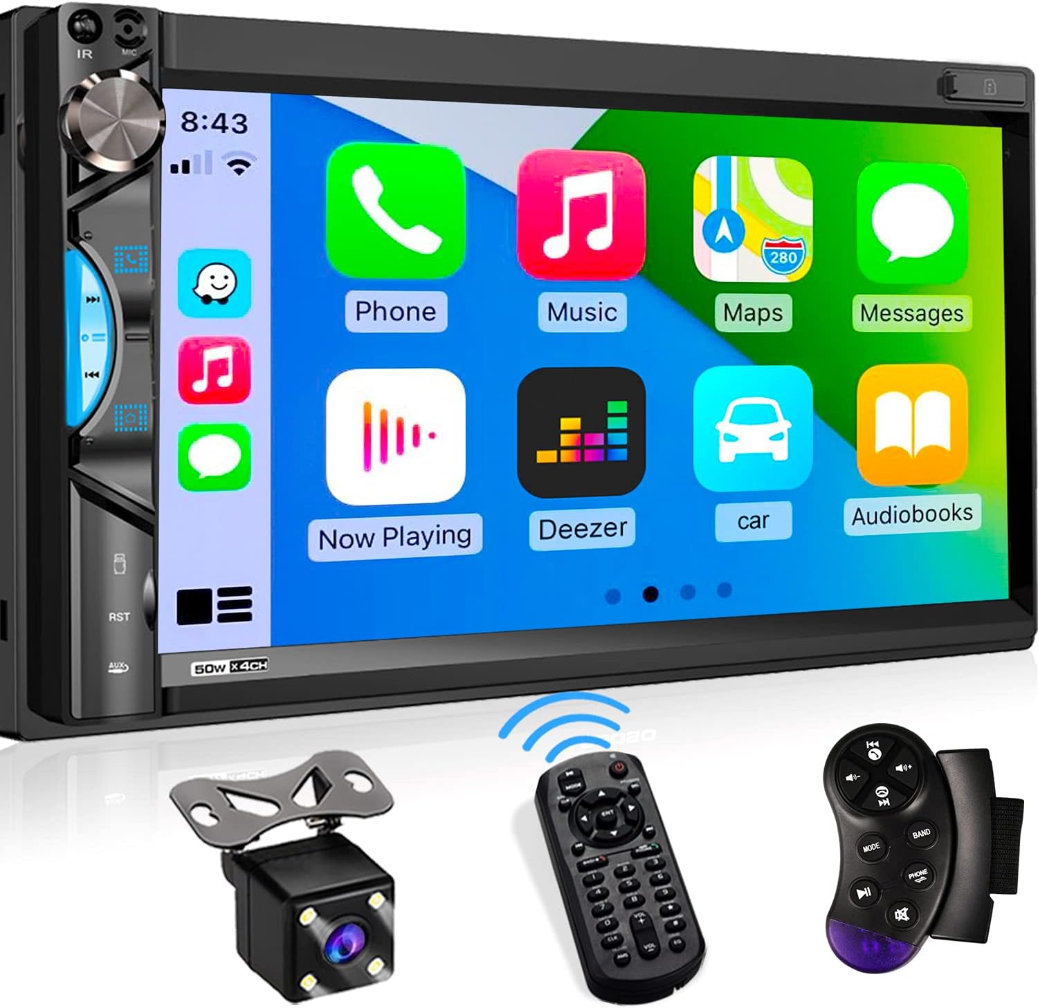 Double Din Car Stereo Receiver: 7" Touchscreen Car Audio with Carplay | Android Auto | MirrorLink | Bluetooth | AM/FM Car Radio | HD Rearview Camera