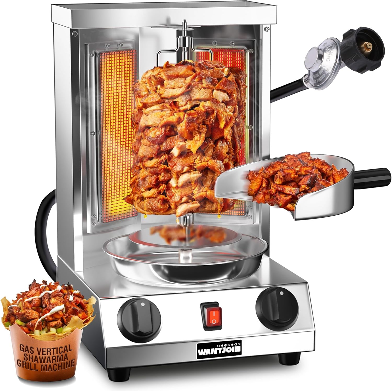 WantJoin Shawarma Grill Machine, Gas Vertical Rotisserie with 2 Burners for Home, Countertop Rotating Doner Kebab Oven Broiler Gyro Maker with Shovel